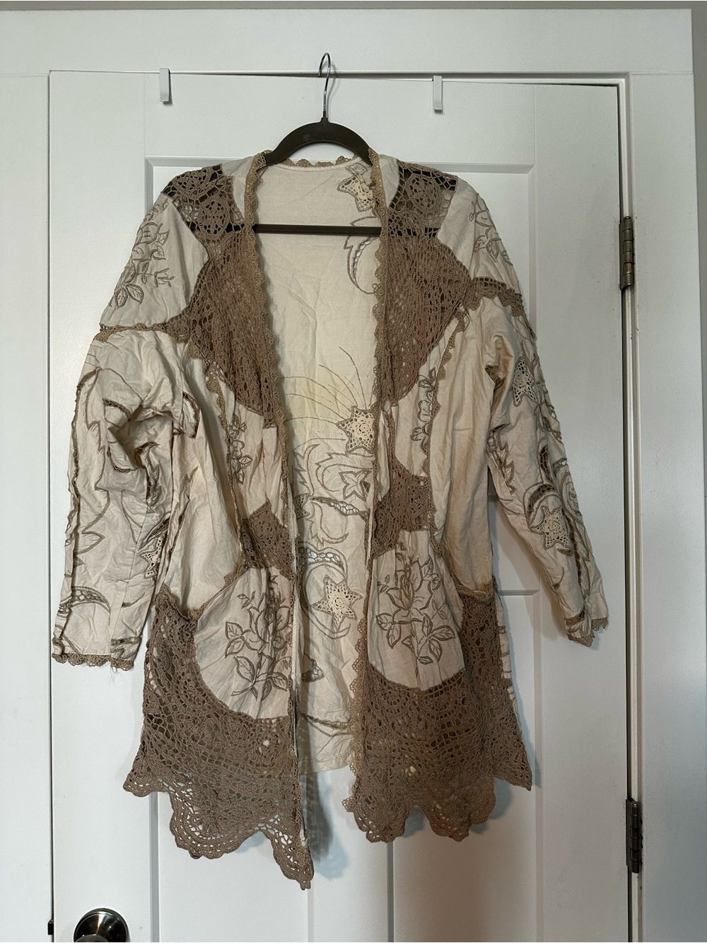 Vintage Boho Crochet Trim Open Front Cardigan Jacket - Beige/Tan